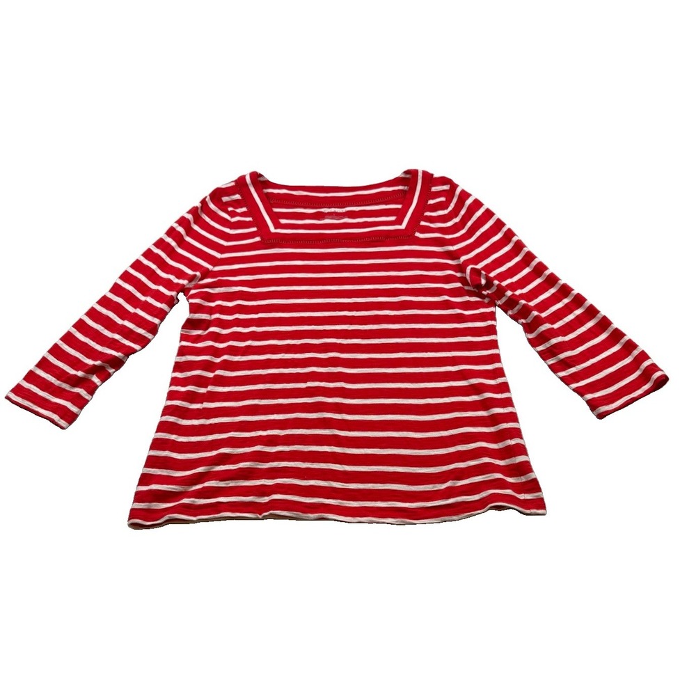 Talbots Womens L Red White Striped Square Neck 3/4 Sleeve Cotton Top Nautical